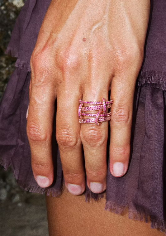 Snake stacked ring set / Pink zircon & Pink gold